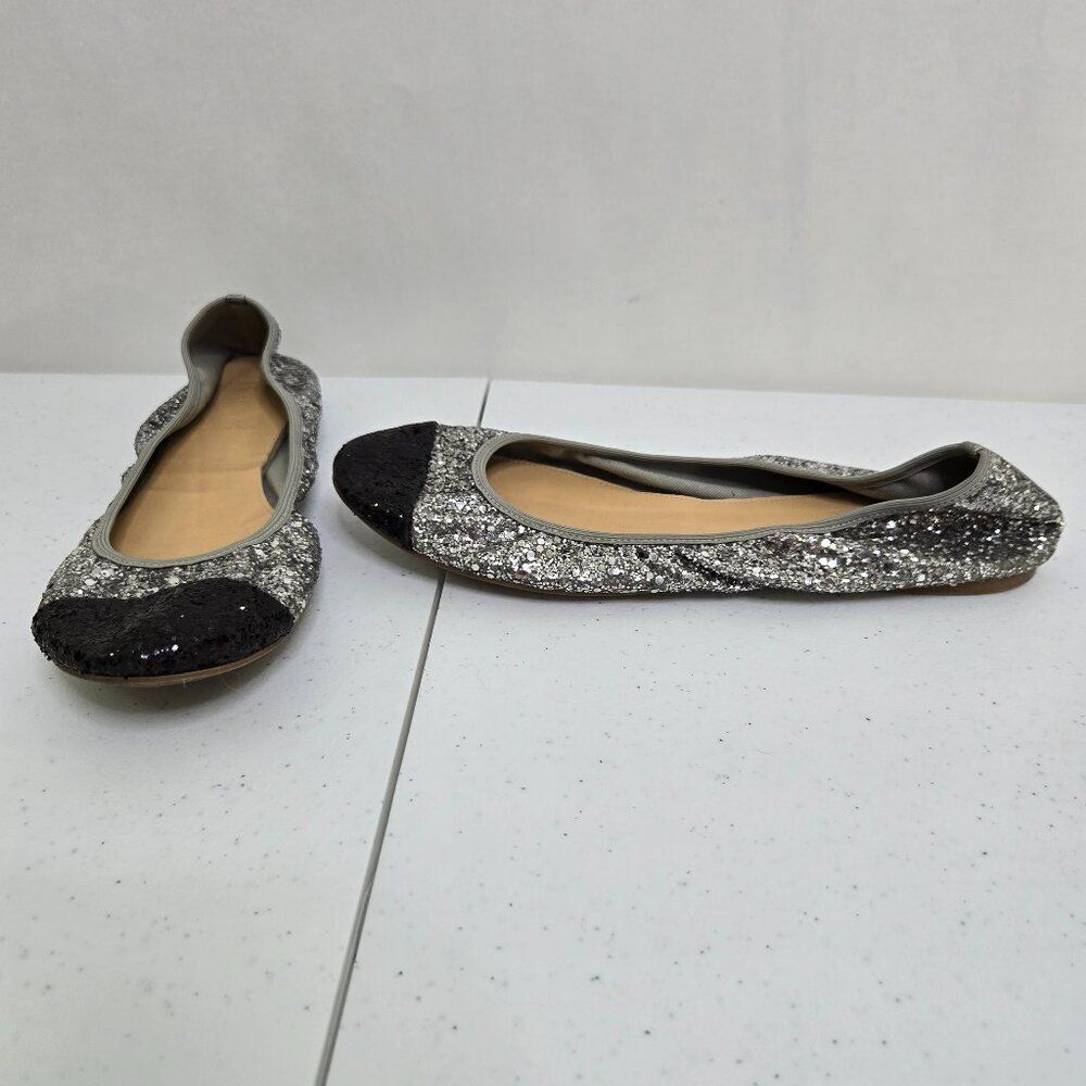 J.Crew Lula Glitter Ballet Flats 9.5 Italy Silver Black Cap Toe Stretch J Crew